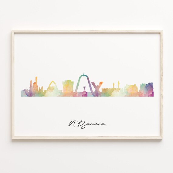 N'Djamena Chad Watercolor Skyline Cityscape Rainbow Silhouette Poster