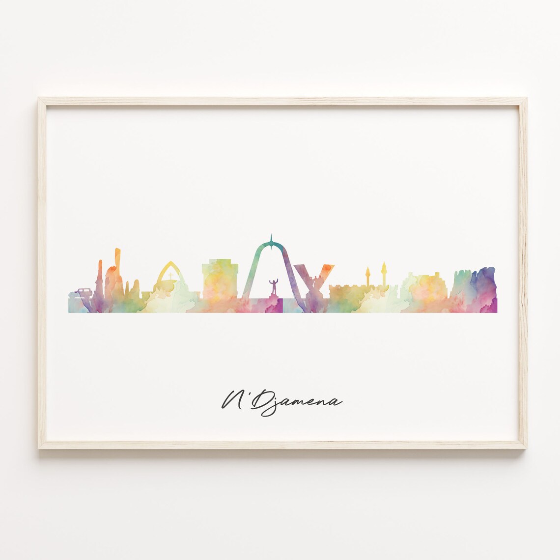 N'Djamena Chad Watercolor Skyline Cityscape Rainbow Silhouette Poster