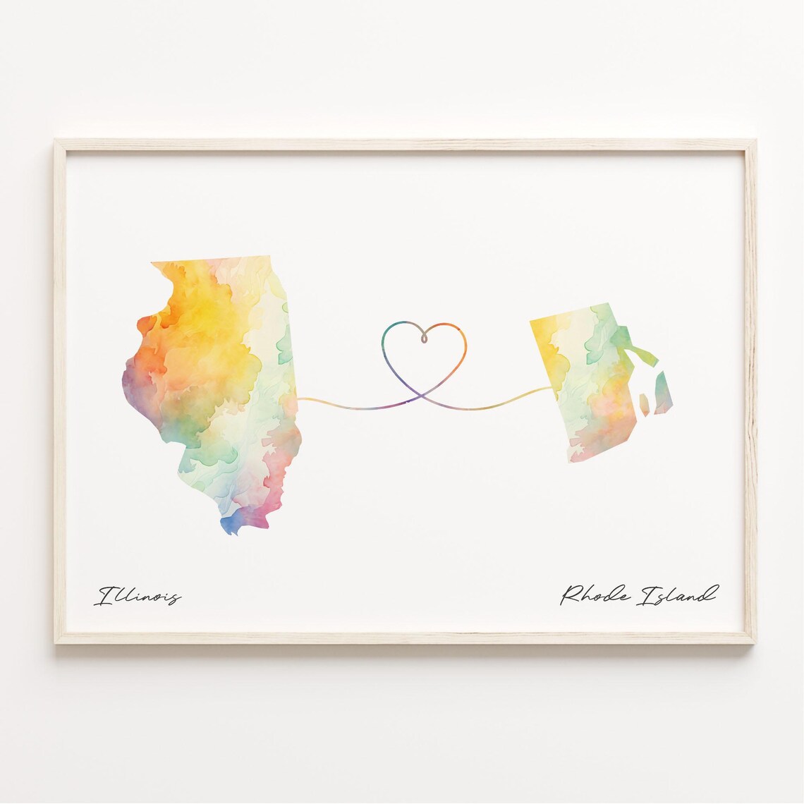 Illinois To Rhode Island Watercolor Map Heart Long Distance Poster