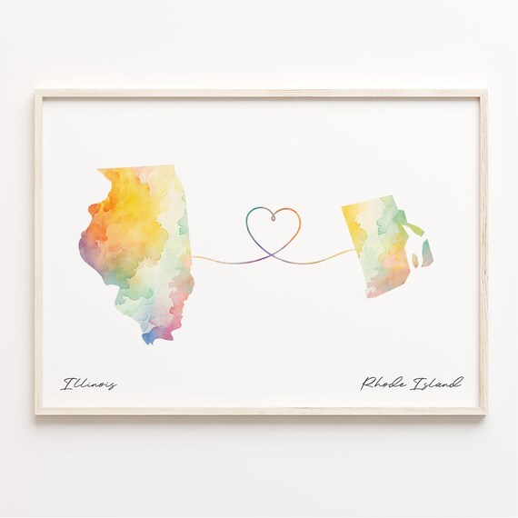 Illinois To Rhode Island Watercolor Map Heart Long Distance Poster