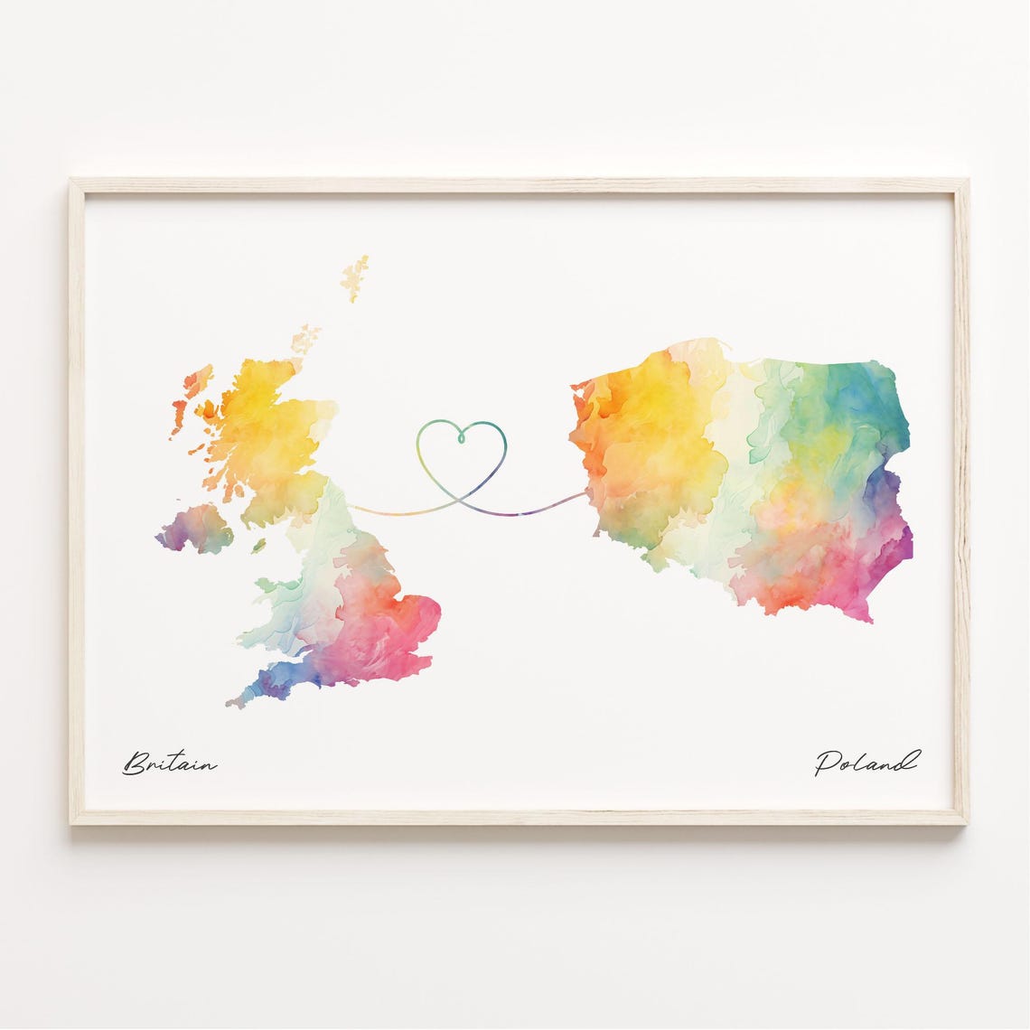 Britain To Poland Watercolor Map Poster Long Distance Heart Gift Art