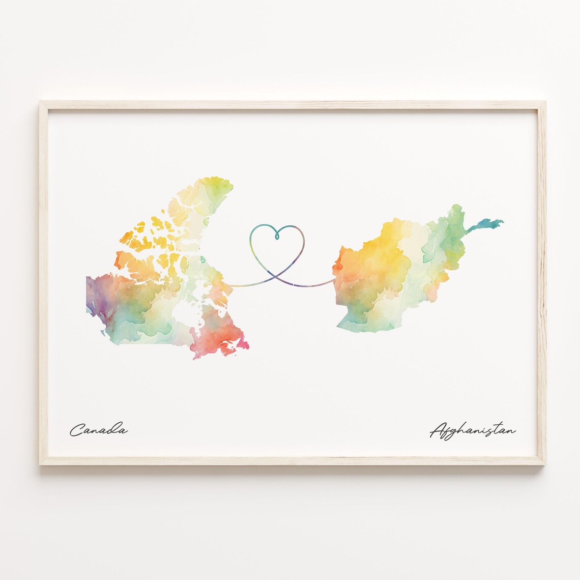 Canada to Afghanistan Watercolor Map Poster - Heart Line Love Gift