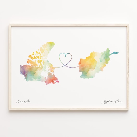 Canada to Afghanistan Watercolor Map Poster - Heart Line Love Gift