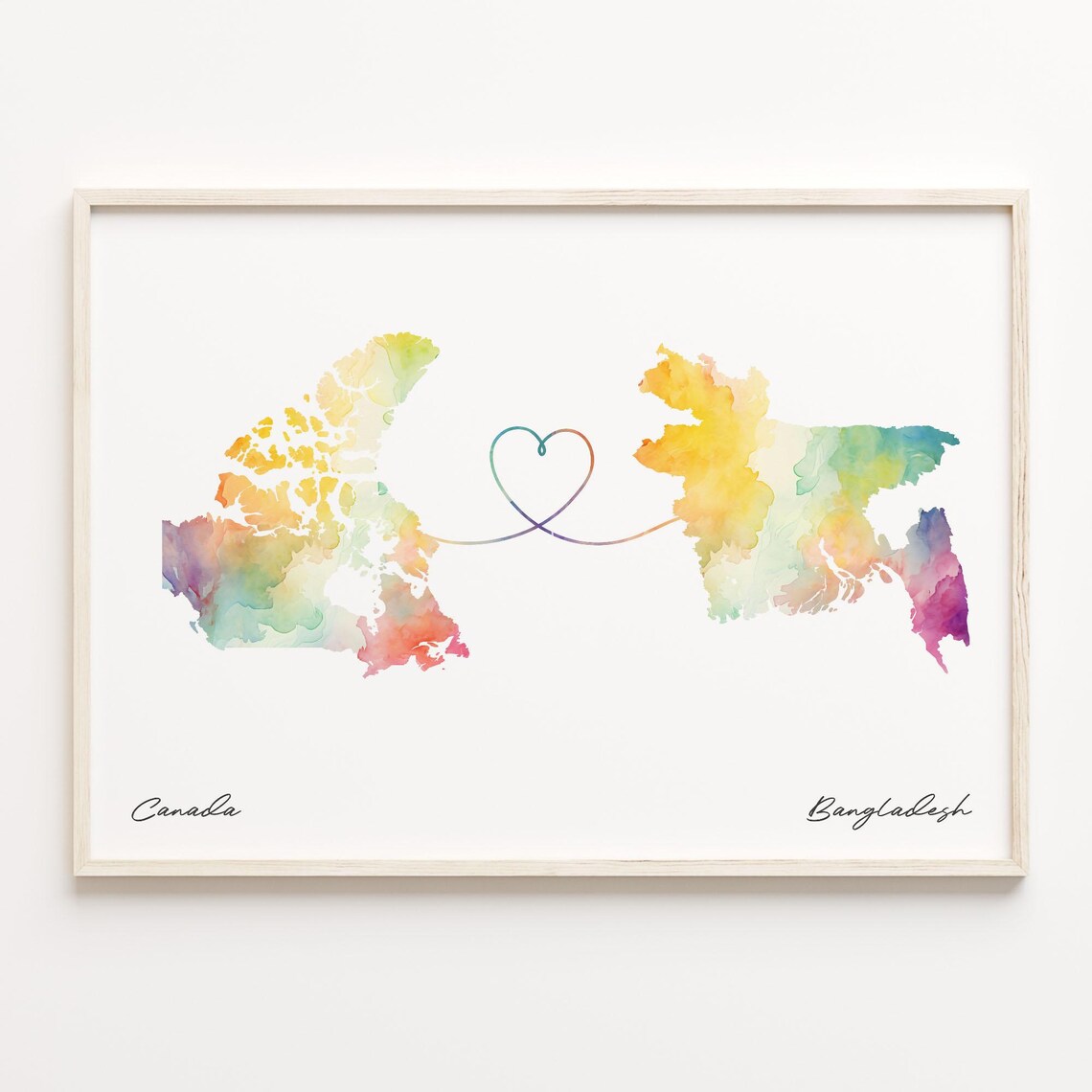 Canada To Bangladesh Watercolor Heart Map Long Distance Love Print