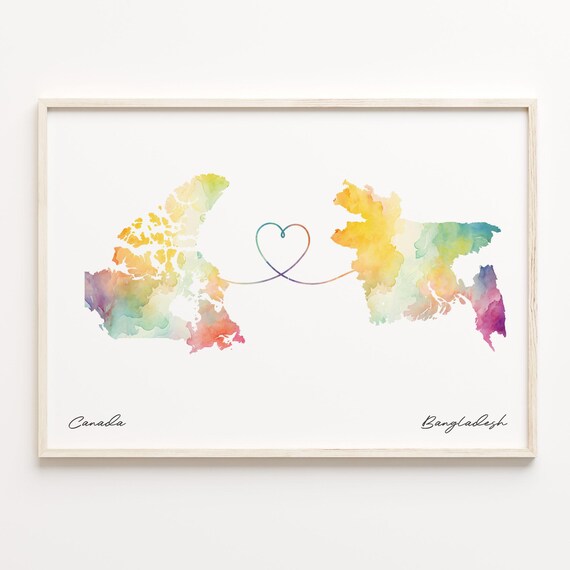 Canada To Bangladesh Watercolor Heart Map Long Distance Love Print