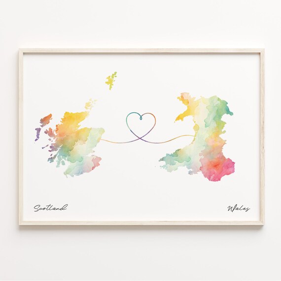 Scotland To Wales Watercolor Map Long Distance Love Heart Print