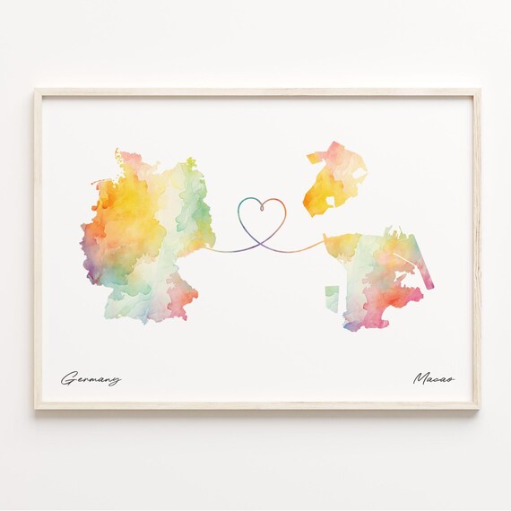 Germany To Macao Long Distance Love Heart Connection Map Poster
