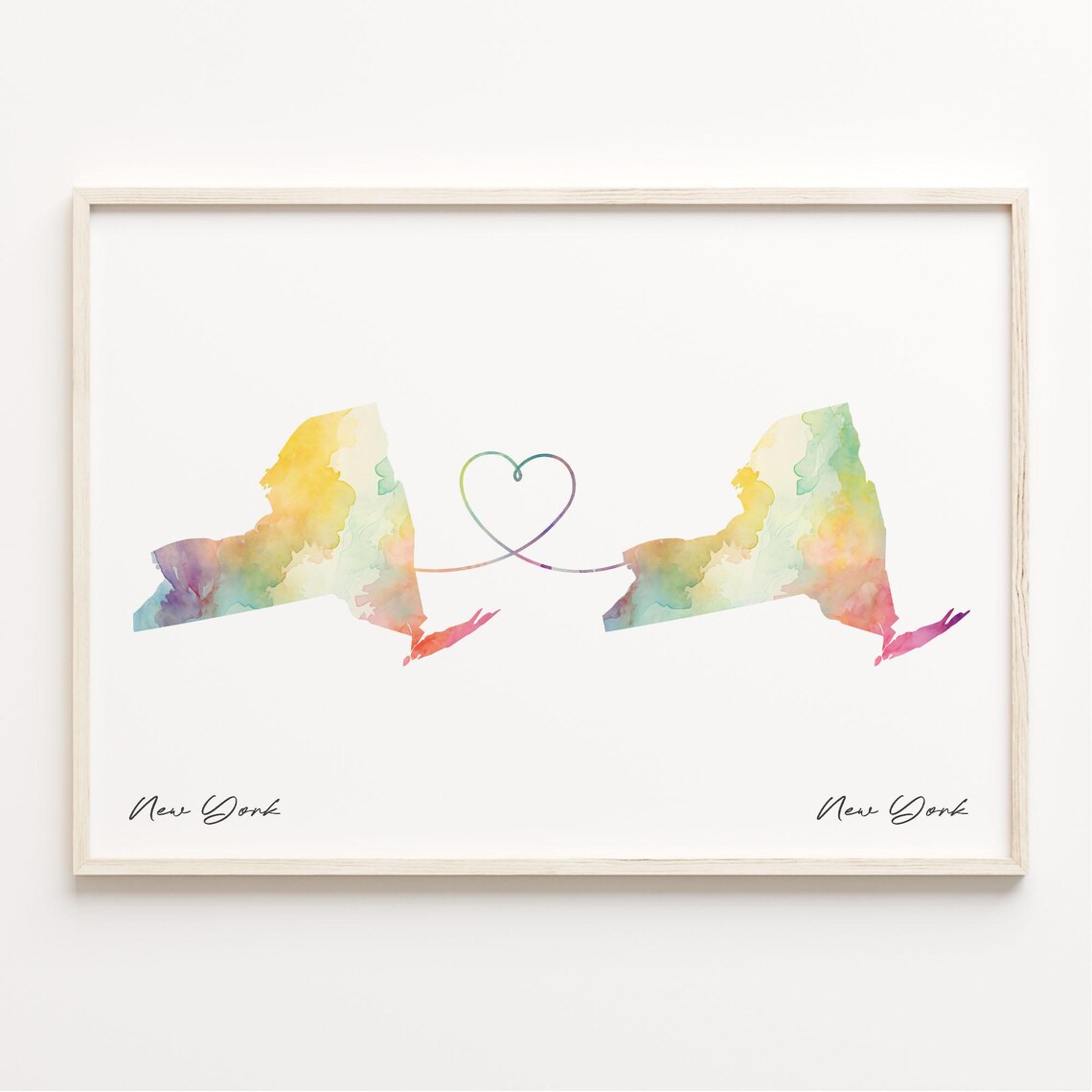 New York to New York Watercolor Heart Map Twin Wall Art Gift