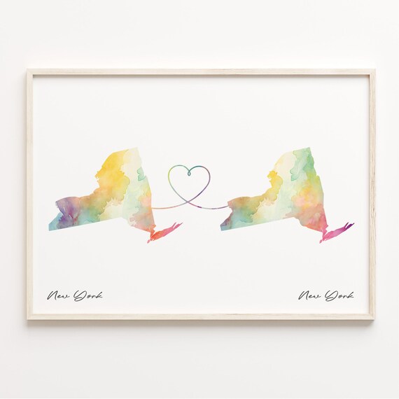 New York to New York Watercolor Heart Map Twin Wall Art Gift