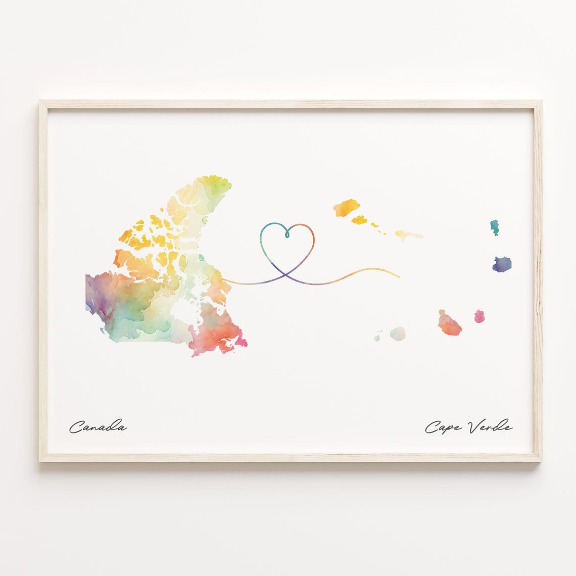 Canada To Cape Verde Watercolor Heart Connection Map Gift Print