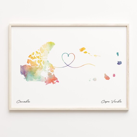 Canada To Cape Verde Watercolor Heart Connection Map Gift Print