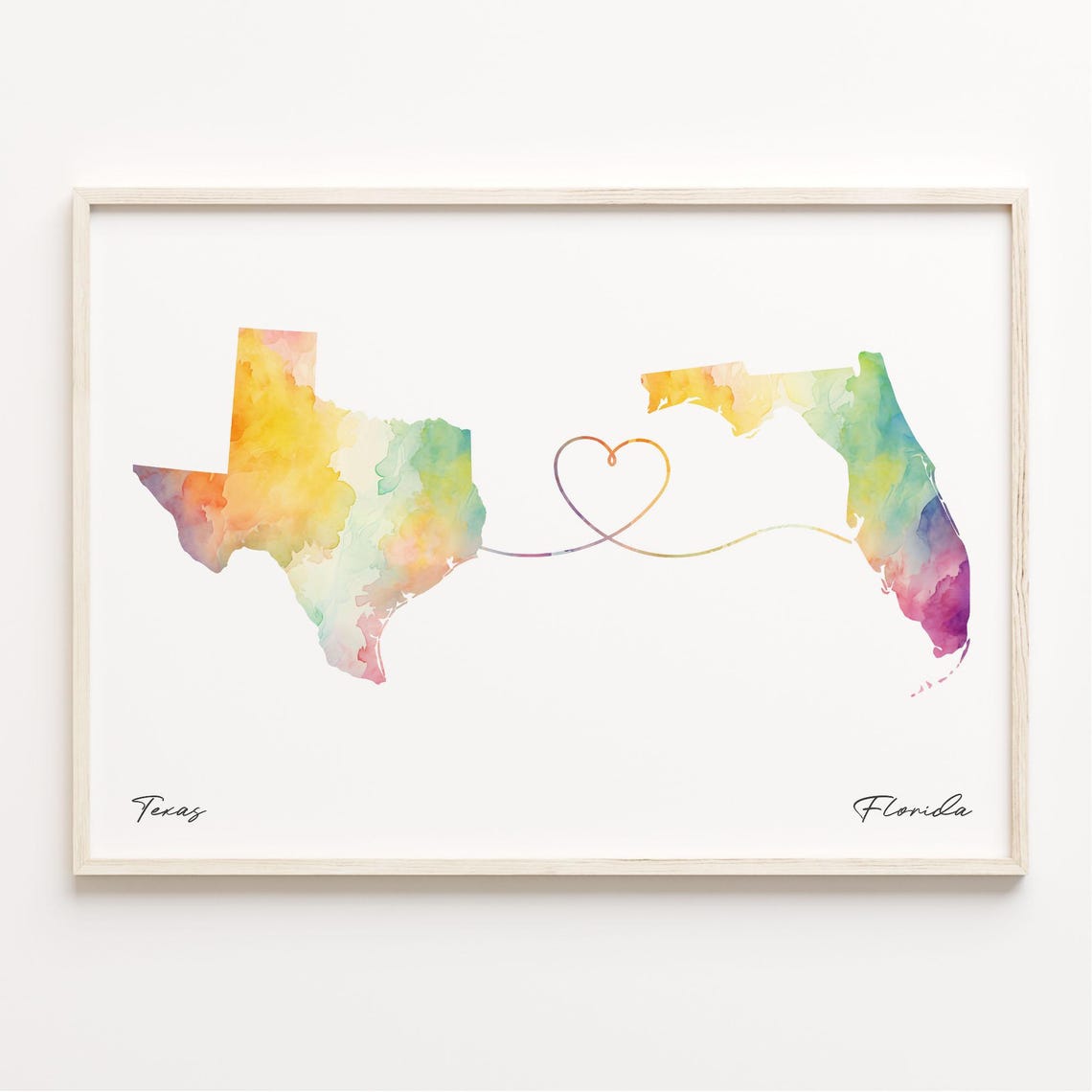 Texas To Florida Long Distance Watercolor Map Heart Art Print