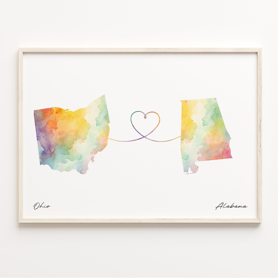 Ohio to Alabama Watercolor State Map Heart Connection Long Distance Love Print