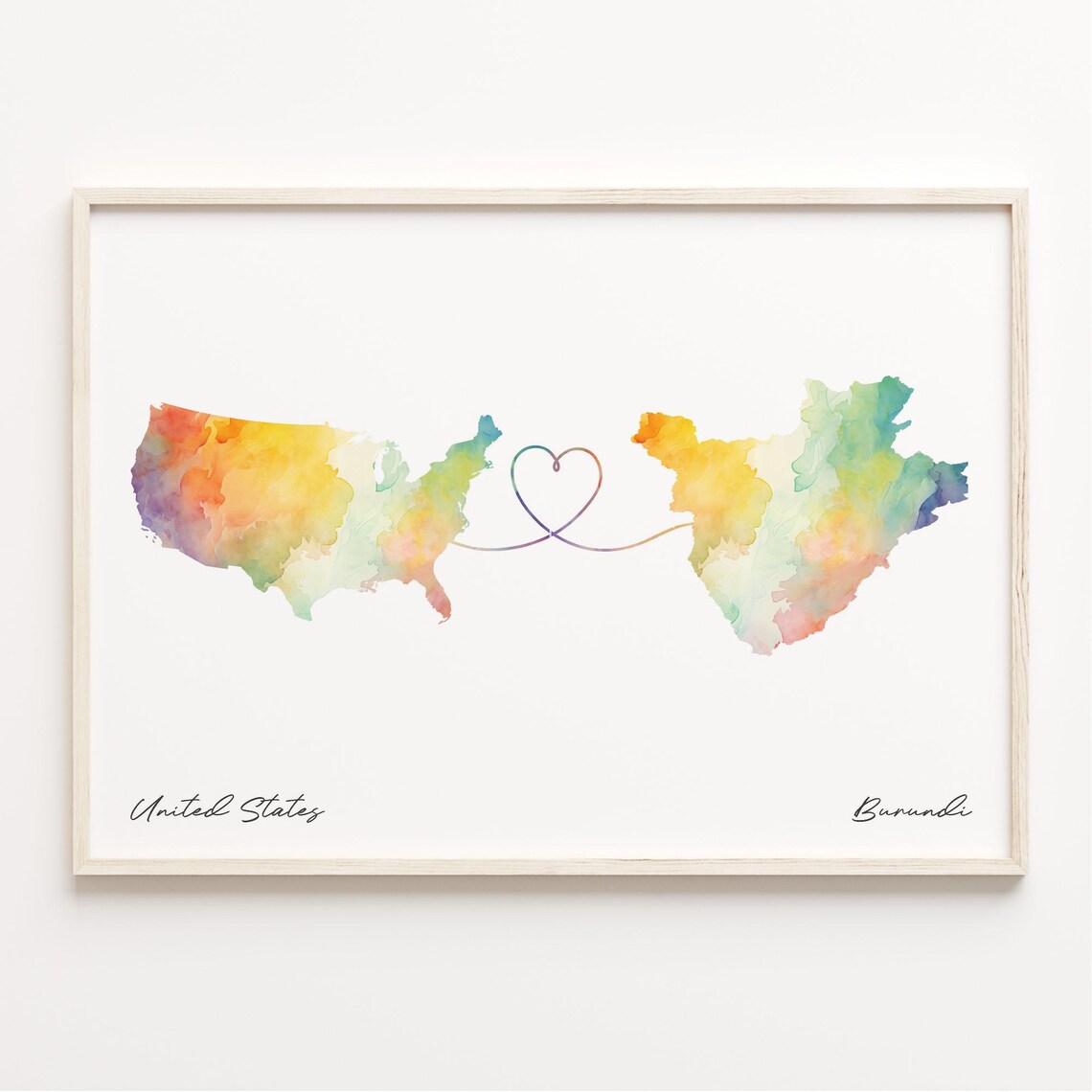 United States to Burundi Watercolor Map Heart Connection Poster