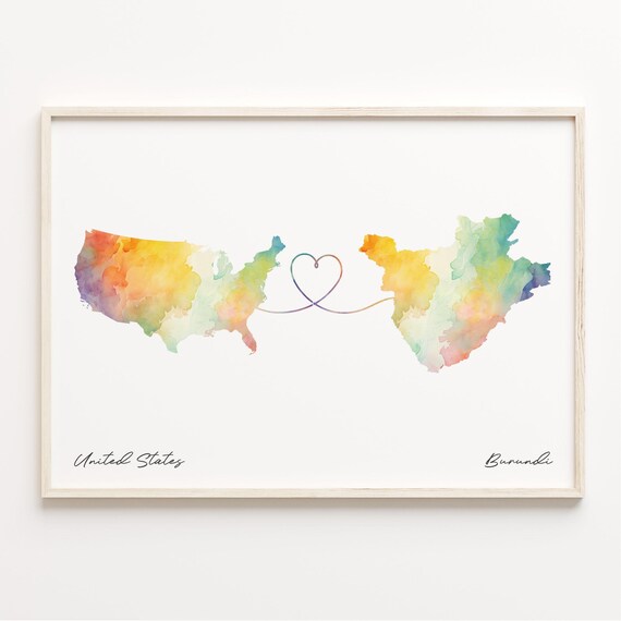 United States to Burundi Watercolor Map Heart Connection Poster