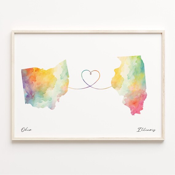 Ohio To Illinois Watercolor Heart Map Long Distance Love Poster