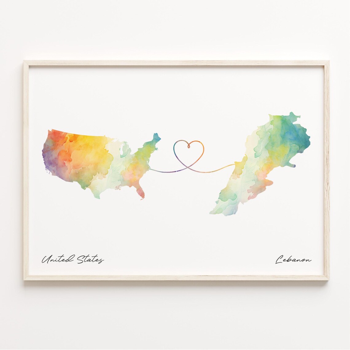 United States To Lebanon Watercolor Map Heart Line Connection Poster