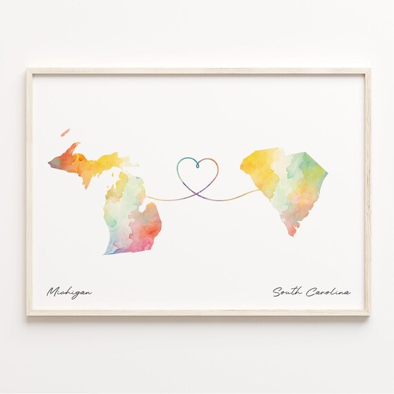 Michigan To South Carolina Watercolor Map Heart Love Gift Print