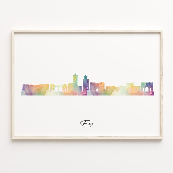 Fes Morocco Watercolor Skyline Poster Minimalist Cityscape Art
