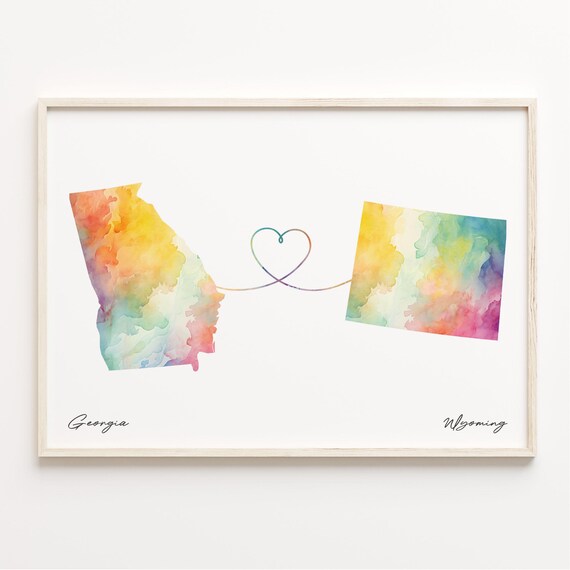 Georgia to Wyoming Watercolor State Map Heart Connection Long Distance Love Print