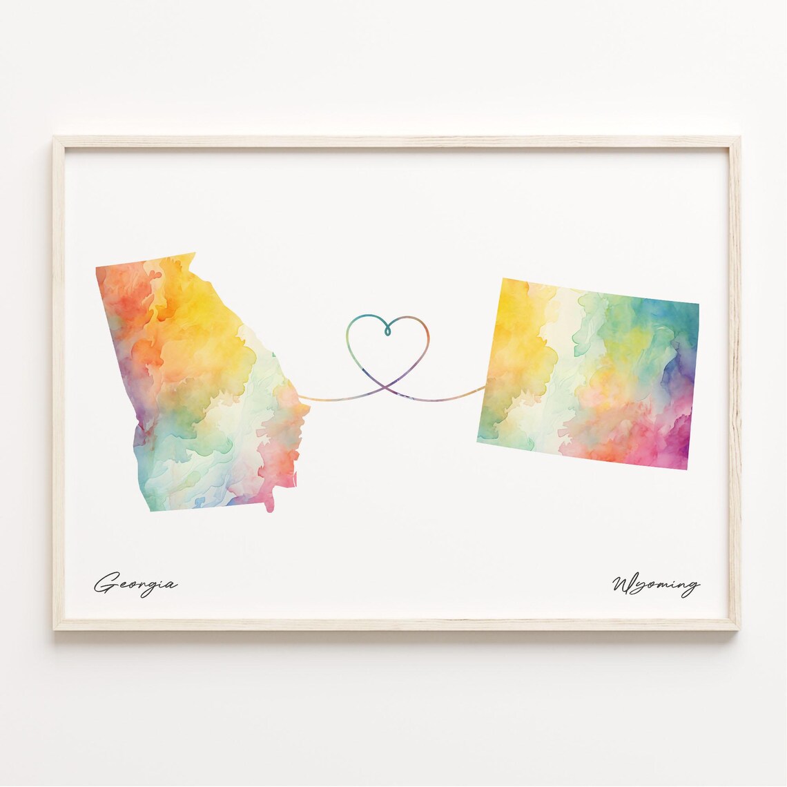 Georgia to Wyoming Watercolor State Map Heart Connection Long Distance Love Print