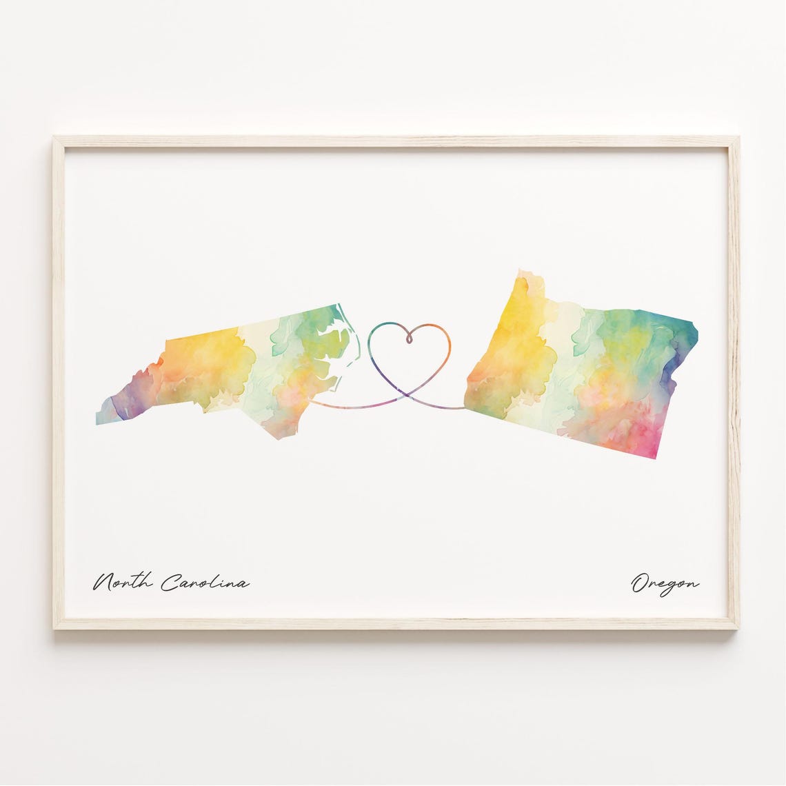 North Carolina To Oregon Watercolor Heart Map Connection Poster