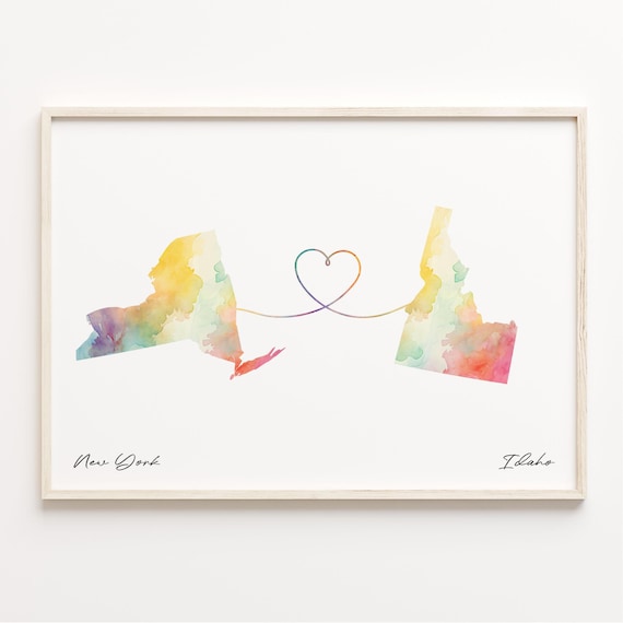 New York to Idaho Watercolor Map Heart Long Distance Gift Poster