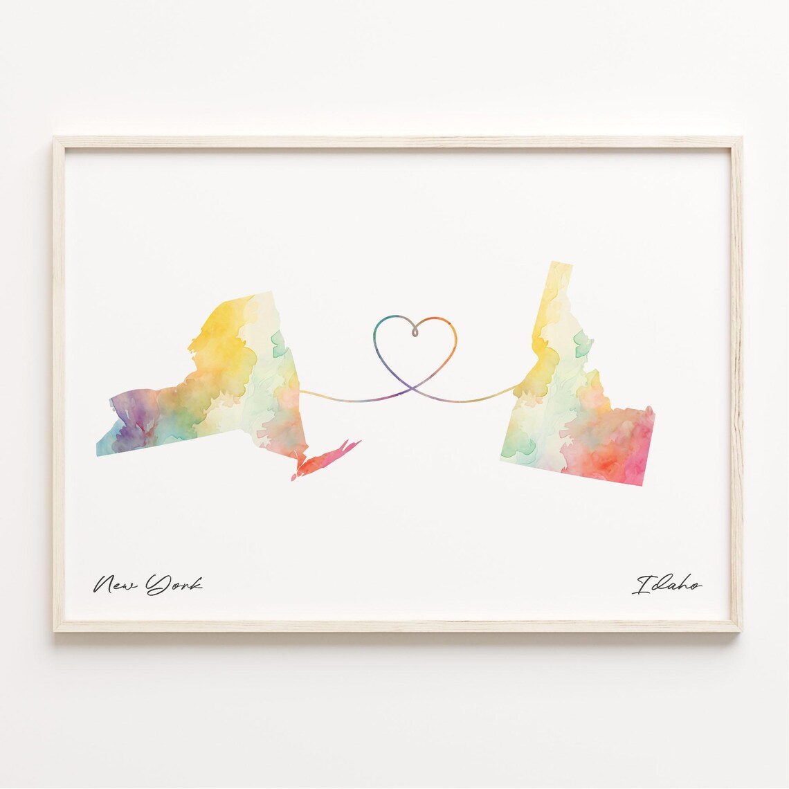 New York to Idaho Watercolor Map Heart Long Distance Gift Poster
