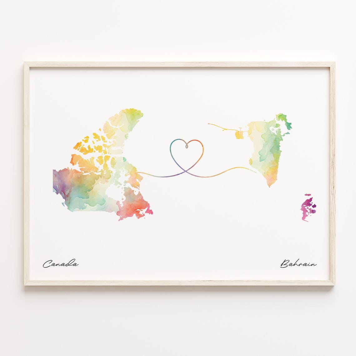 Canada To Bahrain Watercolor World Map Heart Connection Gift Poster