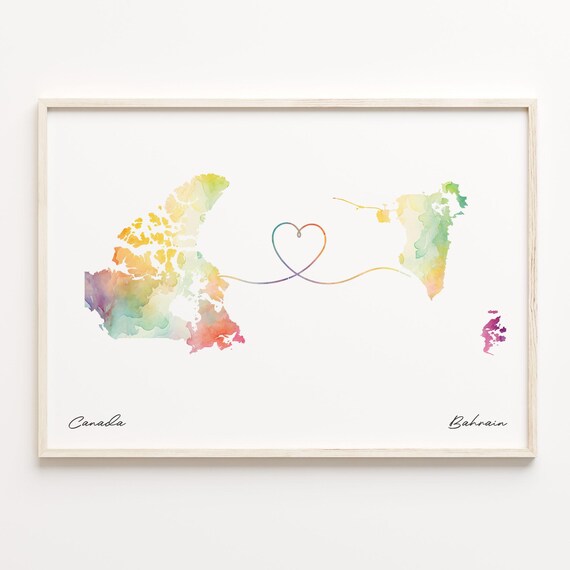 Canada To Bahrain Watercolor World Map Heart Connection Gift Poster