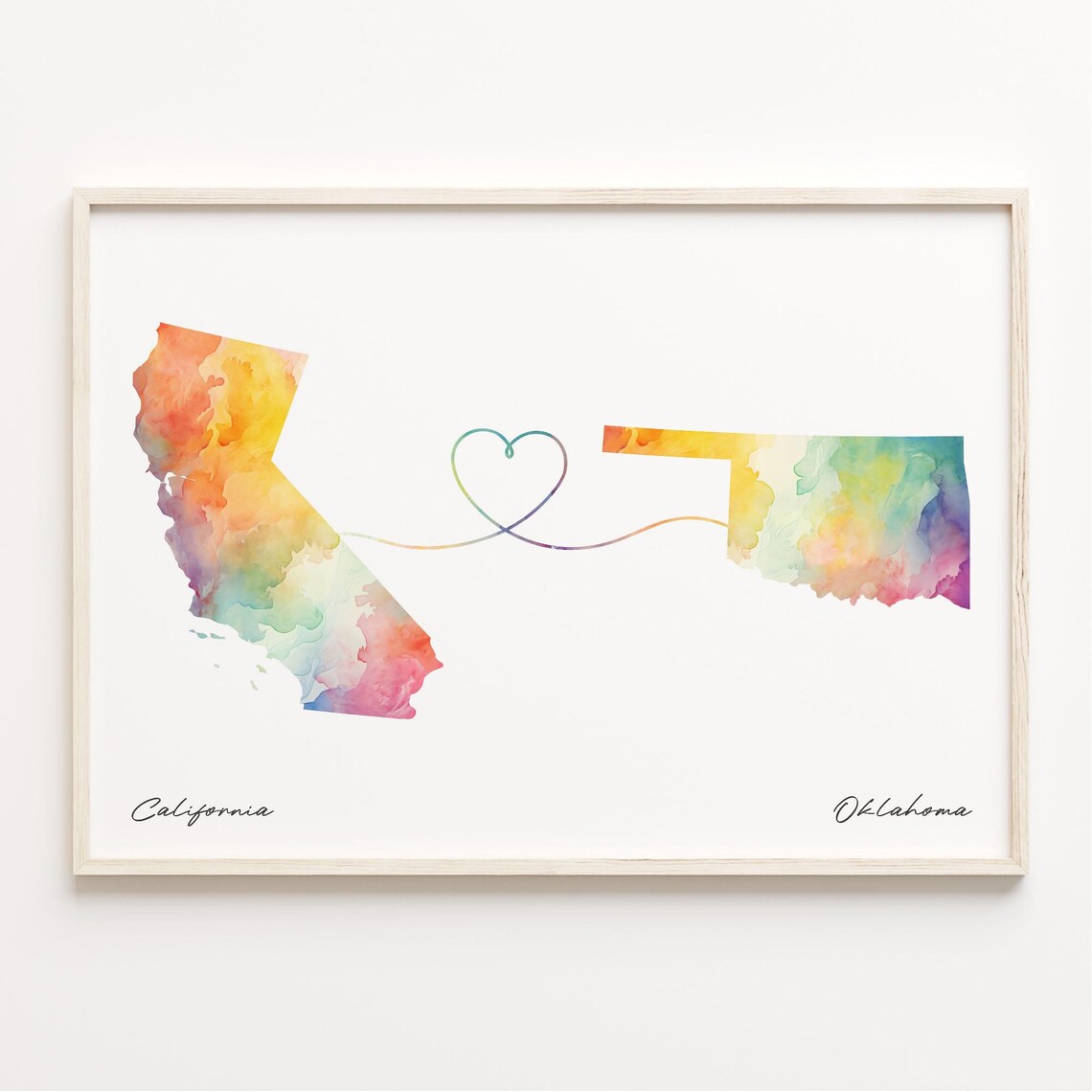 California to Oklahoma Watercolor Heart Map Long Distance Love Print