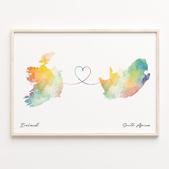 Ireland To South Africa Watercolor Map Heart Line Connection Art Poster