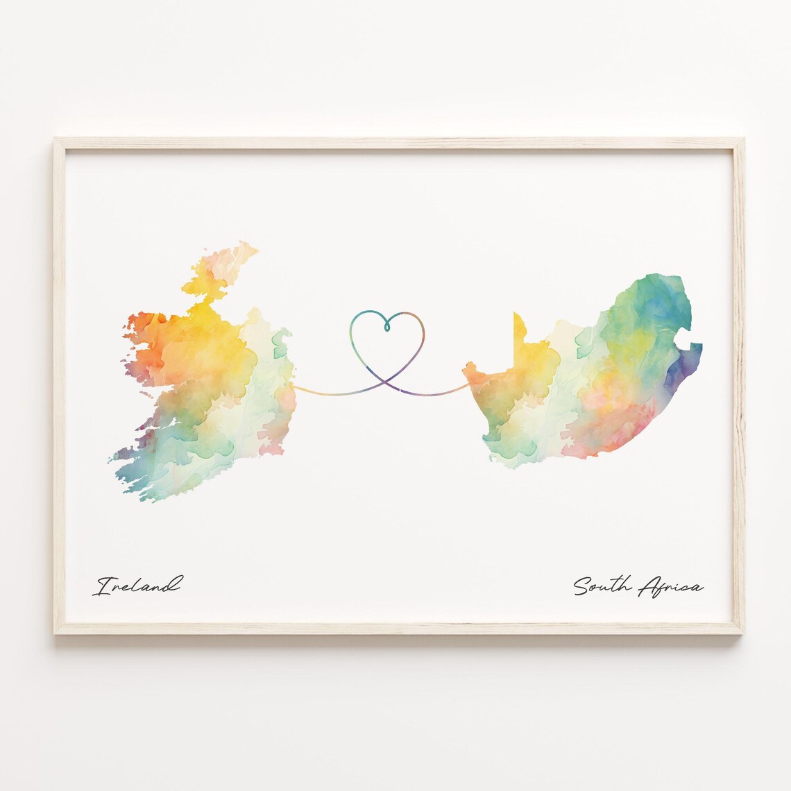 Ireland To South Africa Watercolor Map Heart Line Connection Art Poster