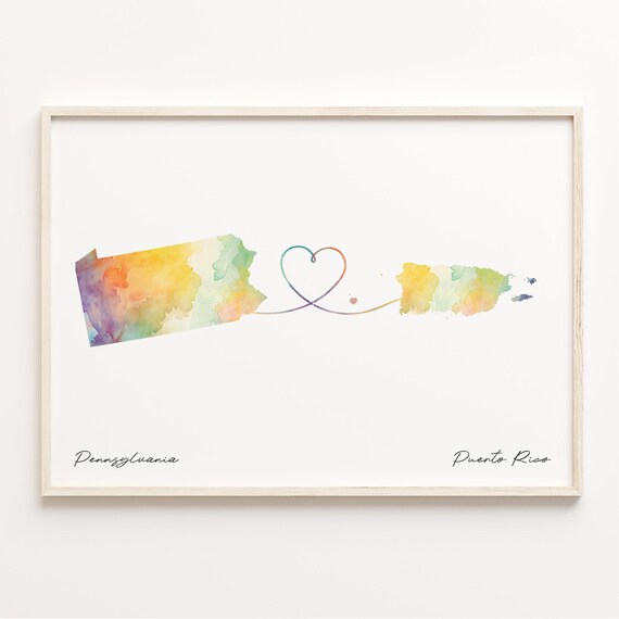 Pennsylvania to Puerto Rico Heart Watercolor Map Connection Poster