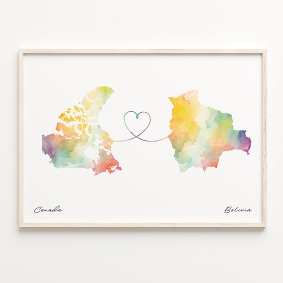 Canada Bolivia Watercolor Heart Map Long Distance Love Gift Wall Art