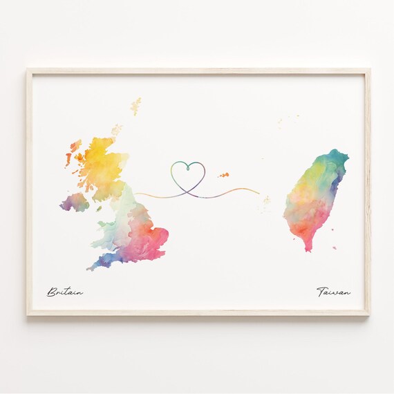 Britain to Taiwan Watercolor Heart Connection Long Distance Map Poster