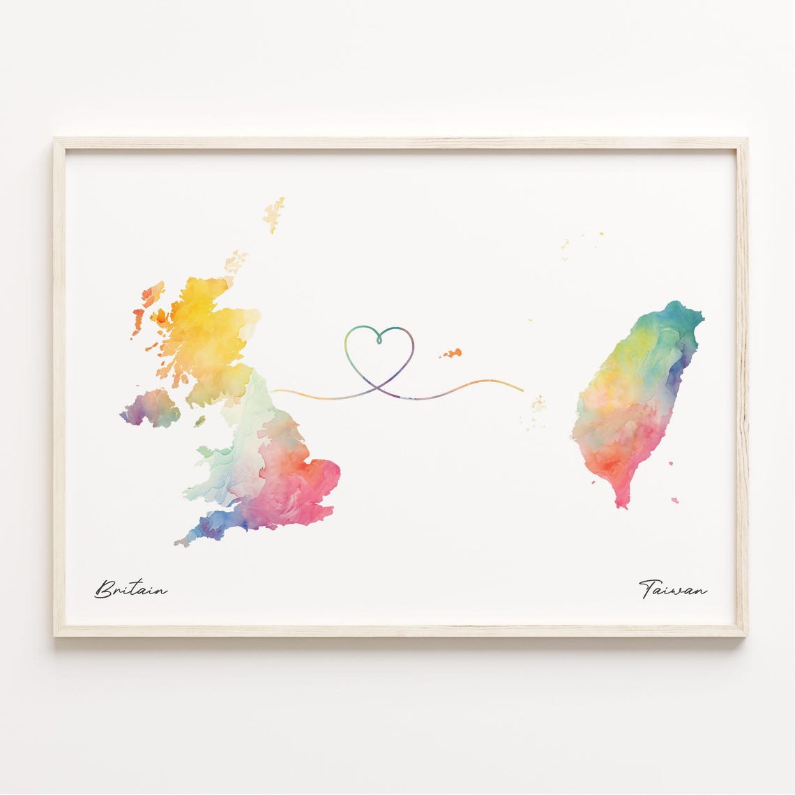 Britain to Taiwan Watercolor Heart Connection Long Distance Map Poster