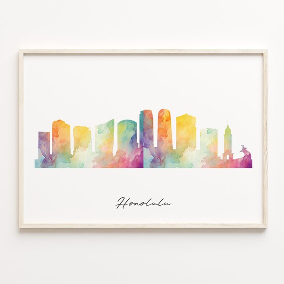 Honolulu Watercolor Cityscape Skyline Hawaii Island Travel Poster Art