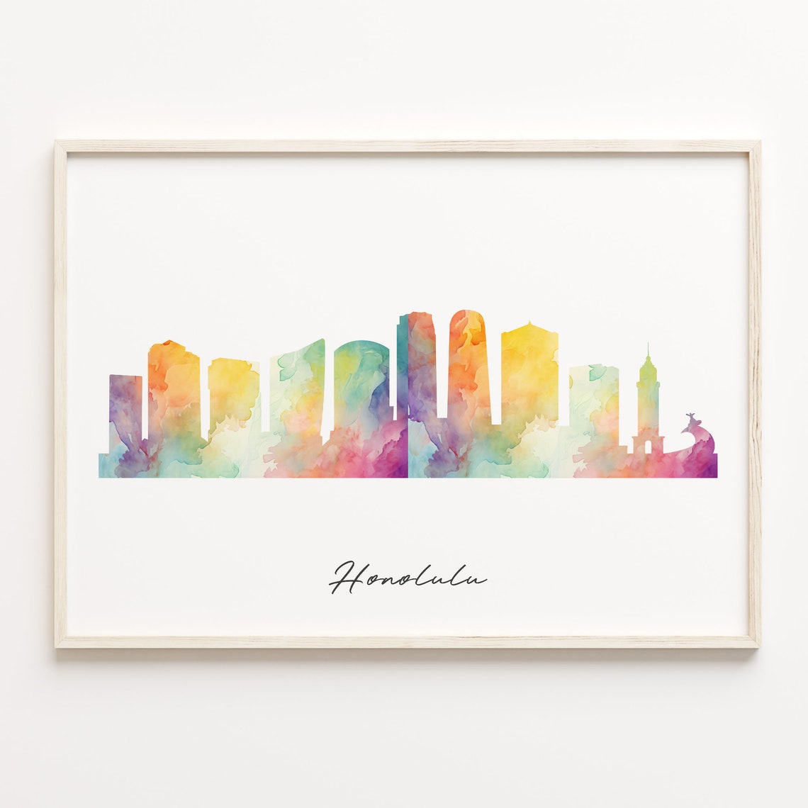 Honolulu Watercolor Cityscape Skyline Hawaii Island Travel Poster Art