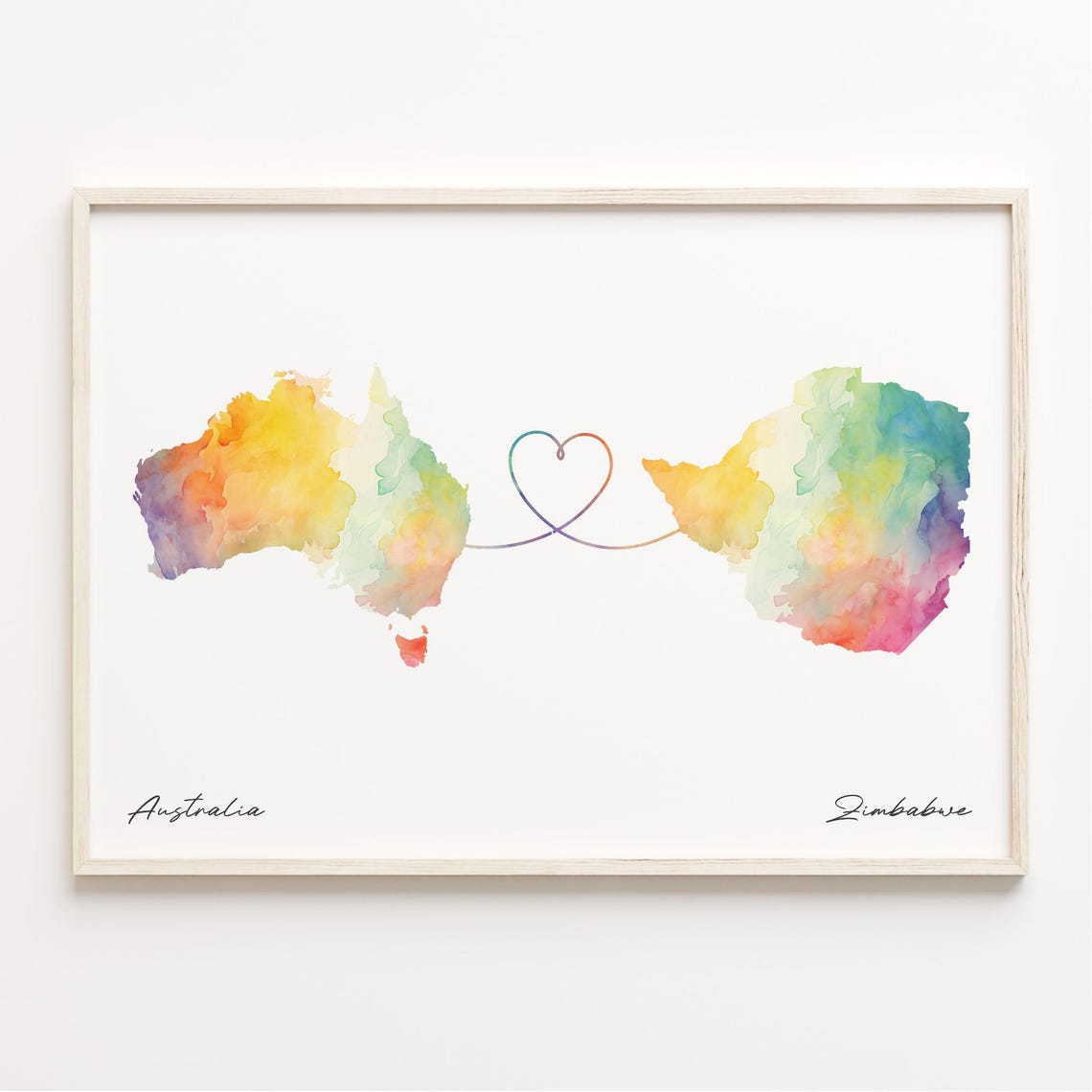 Australia to Zimbabwe Watercolor Map Heart Connection Poster