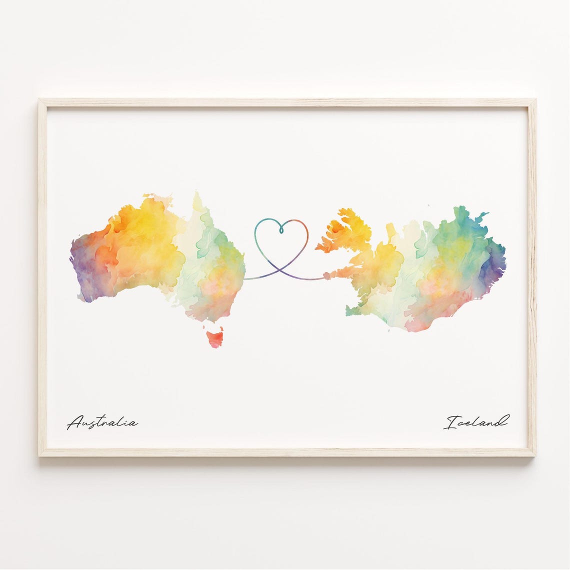 Australia to Iceland Watercolor Map Heart Connection Art Print