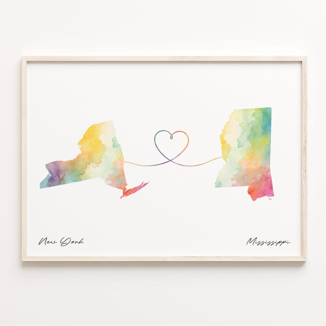 New York and Mississippi Watercolor Map Heart Long Distance Gift Print