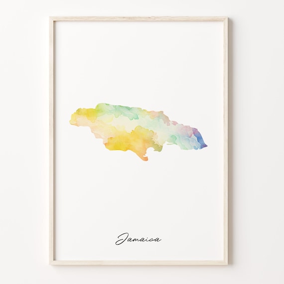 Jamaica Rainbow Watercolor Map Poster with Hand Lettered Country Script