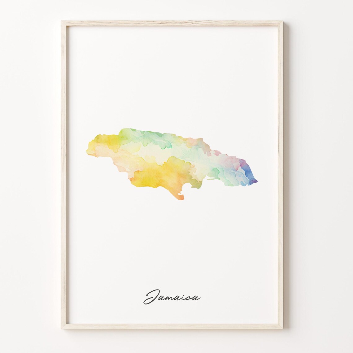 Jamaica Rainbow Watercolor Map Poster with Hand Lettered Country Script