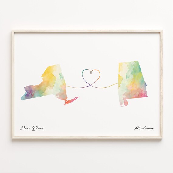 New York to Alabama Watercolor Heart Map Long Distance Gift Poster