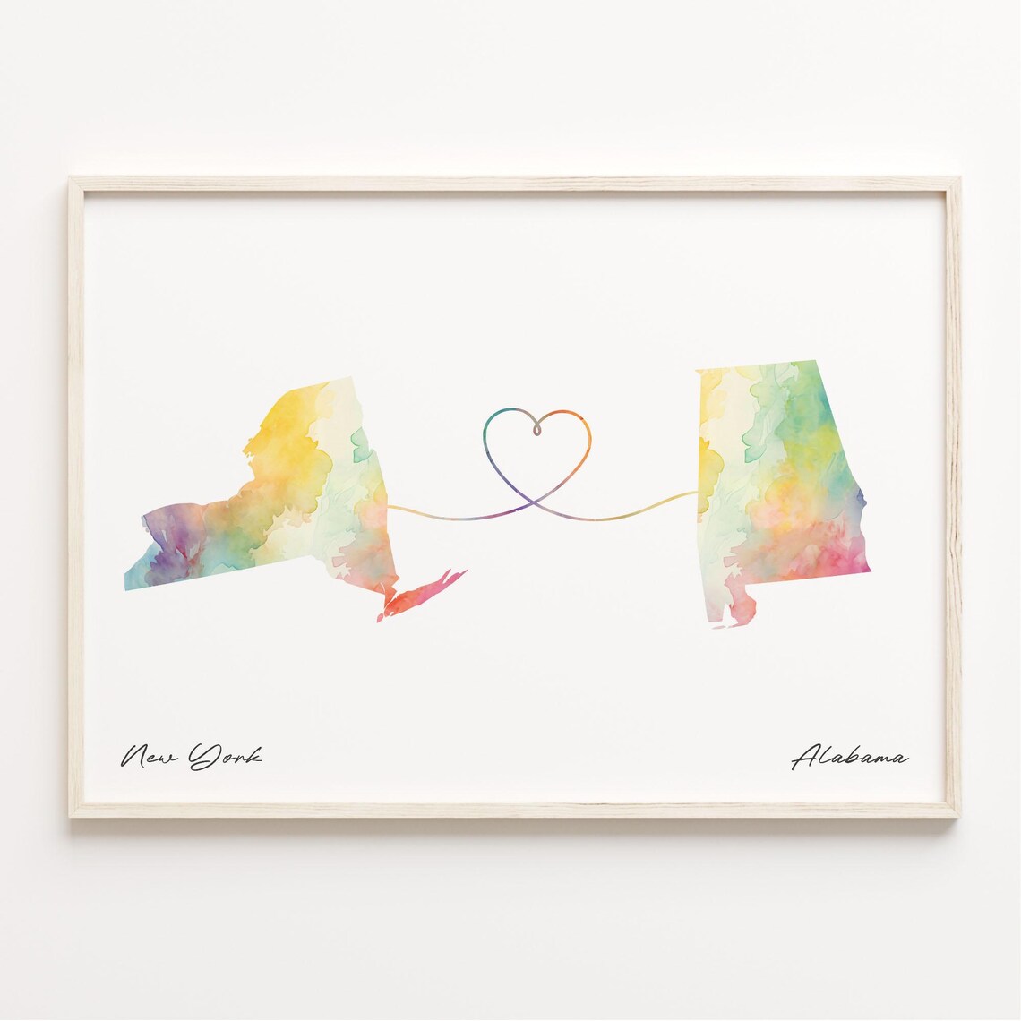New York to Alabama Watercolor Heart Map Long Distance Gift Poster