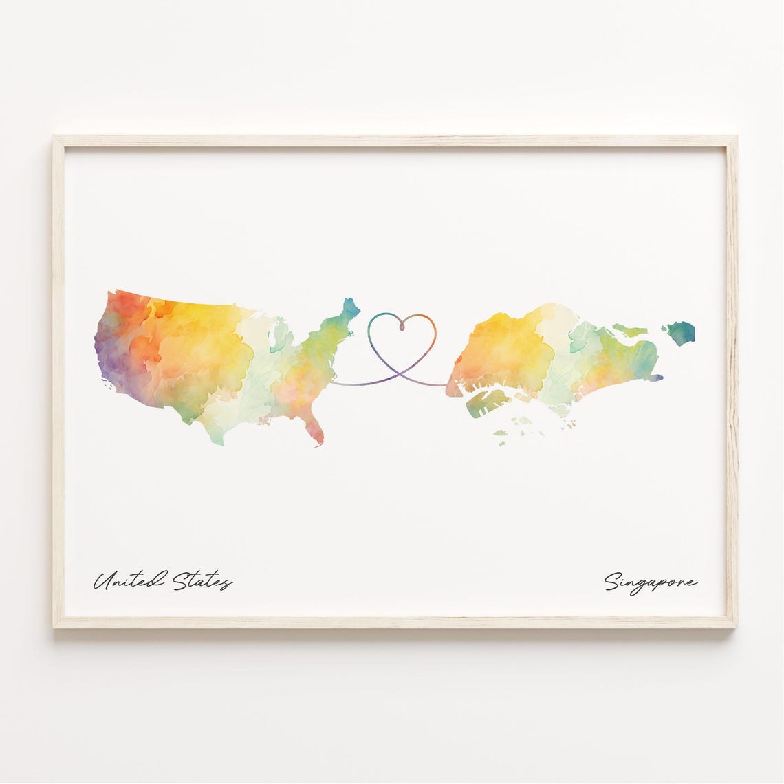 United States To Singapore Watercolor Map Heart Connection Poster