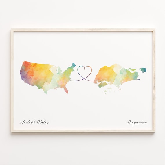 United States To Singapore Watercolor Map Heart Connection Poster