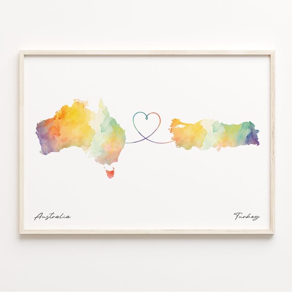 Australia to Turkey Watercolor Heart Map Long Distance Love Poster
