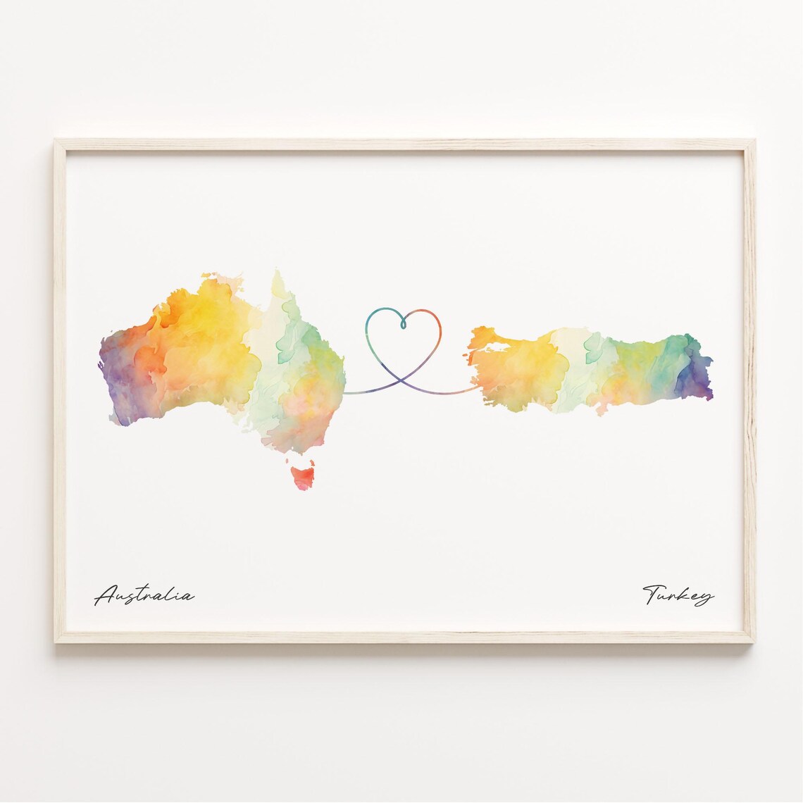 Australia to Turkey Watercolor Heart Map Long Distance Love Poster